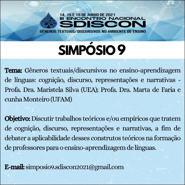 9-	Gêneros textuais/discursivos no ensino-aprendizagem de línguas: cognição, discurso, representações e narrativas.