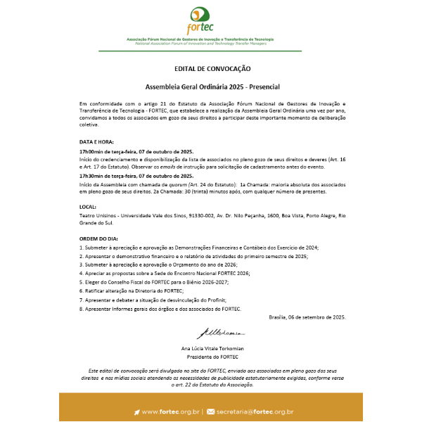 Assembleia Geral Ordinária do FORTEC (AGO)