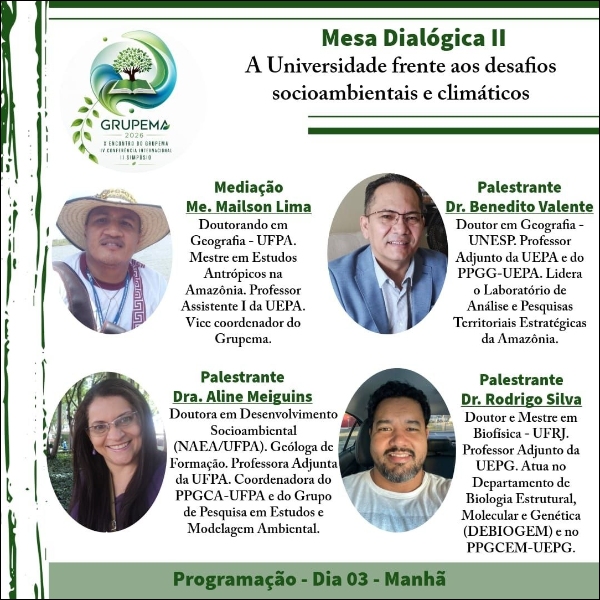 10h30 – MESA DIALÓGICA - A UNIVERSIDADE FRENTE AOS DESAFIOS SOCIOAMBIENTAIS  E CLIMÁTICOS