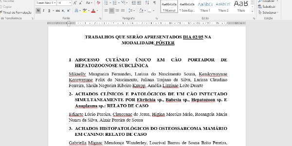 TRABALHOS QUE SERÃO APRESENTADOS DIA 02/05 e 03/05 NA MODALIDADE PÔSTER